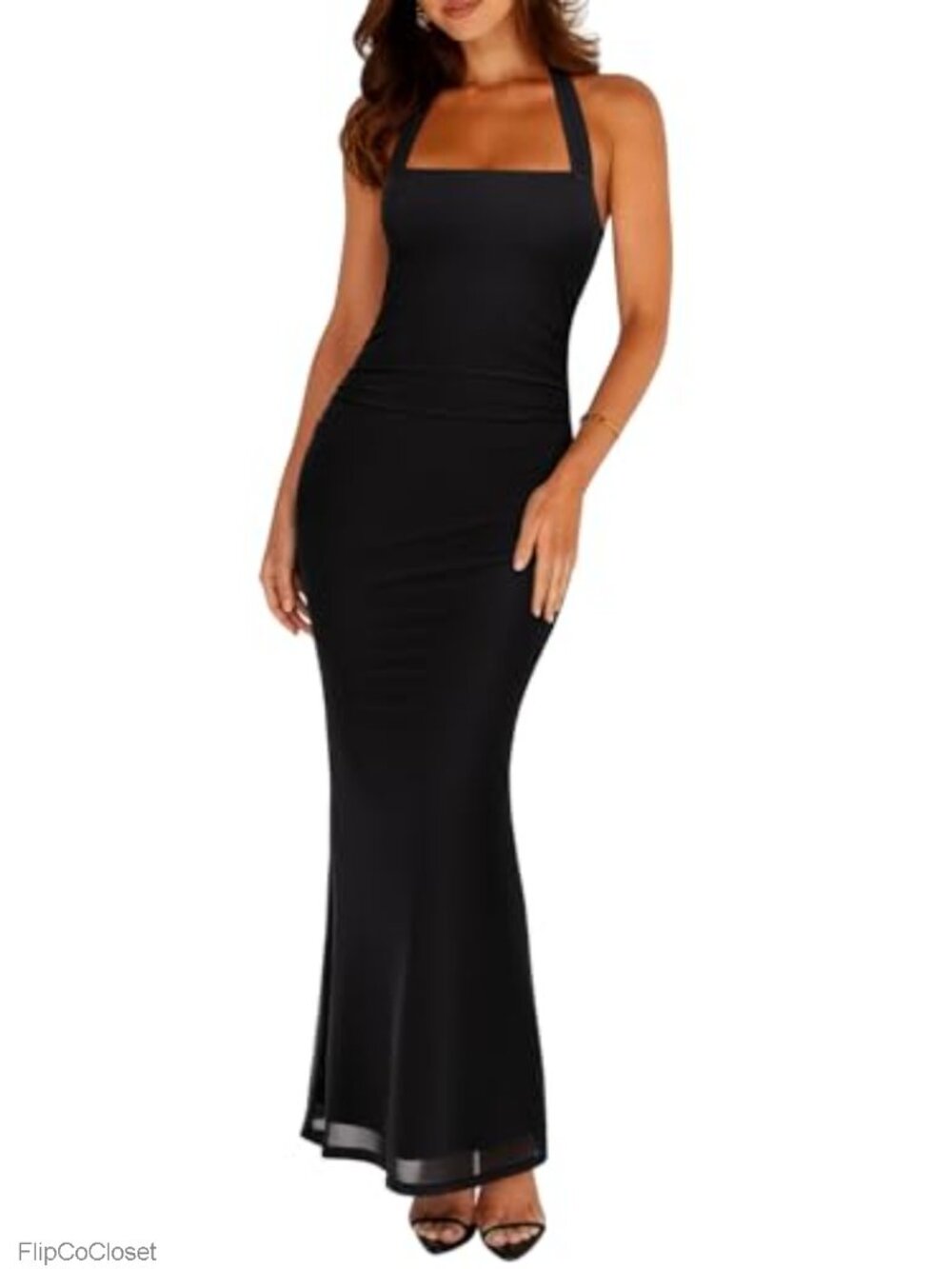 Sleeveless Mesh Sheer Maxi Dress Bodycon Square Neck Tie Back Wedding Guest
